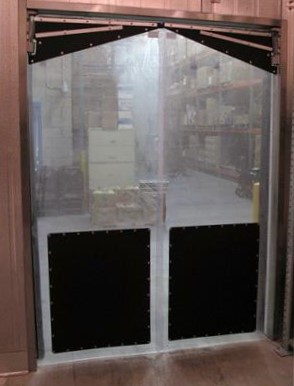 Clear plastic swinging doors with impact plates for pallet traffic. Clear Swinging Gorilla Doors For sale..