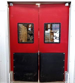 Red swinging doors with bumpers for sale.