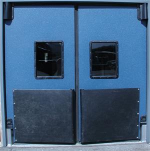 Traffic Doors with bumpers for tall sizes to 10' high. V-cam Impact doors with custom sizes.