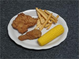 Replica Chicken Roasted, Fake Fried Chicken Dinner Plate with Fake French Fries.