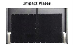 Impact plates for swinging door protection with forklifts and pallet traffic.