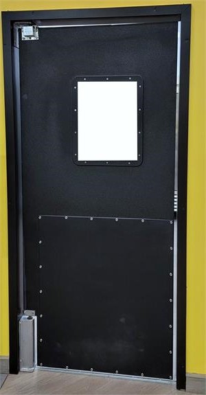 Swinging doors with kick plates for push cart traffic. Swing doors for supermarkets with kick plates for grocery swinging doors.