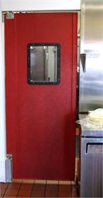 Red restaurant kitchen doors- swinging doors for restaurants and grocery store traffic door.